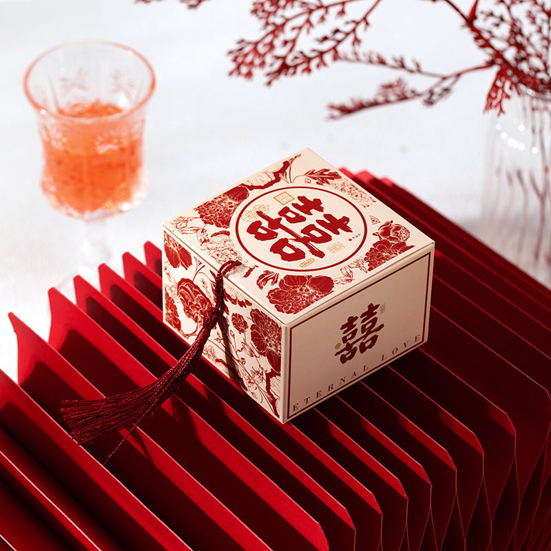 Red floral double happiness weddding favor box