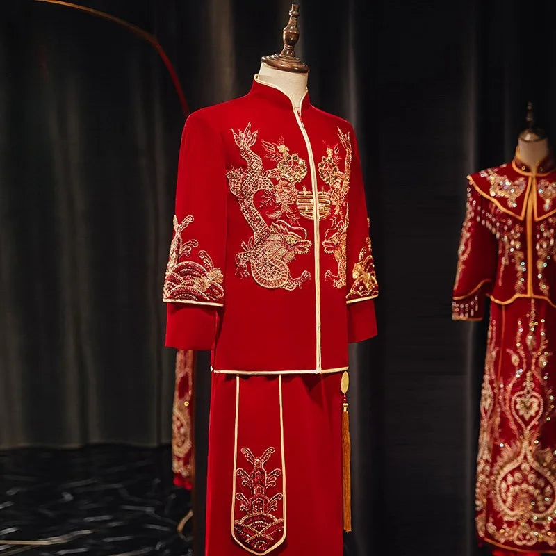 Traditional Chinese Groom Velvet Dragons Wedding Ma Gua Tang Suit