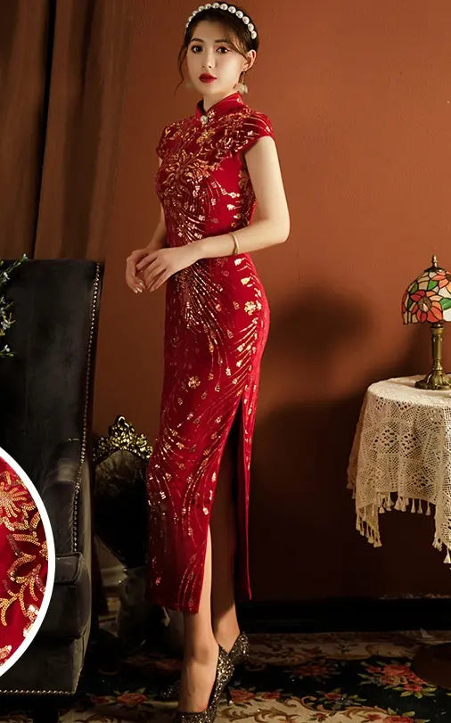 Red velvet short sleeves  Cheongsam Qipao dress with Sequins