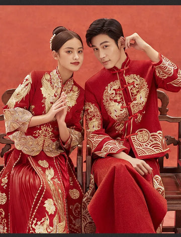 Traditional Chinese wedding dress Pheonix Qun Kwa & Groom dragon Tang Suit