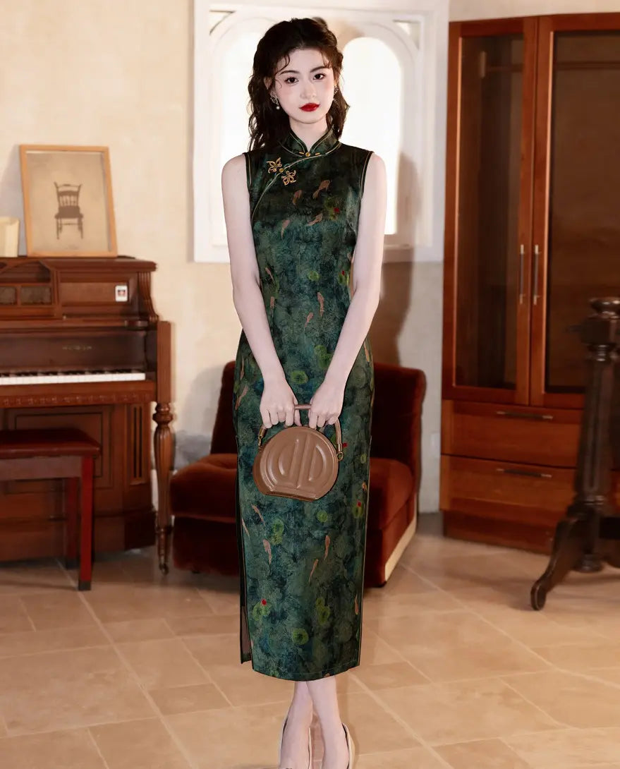 Dark Green Koi Pond Sleevess Qipao Dress