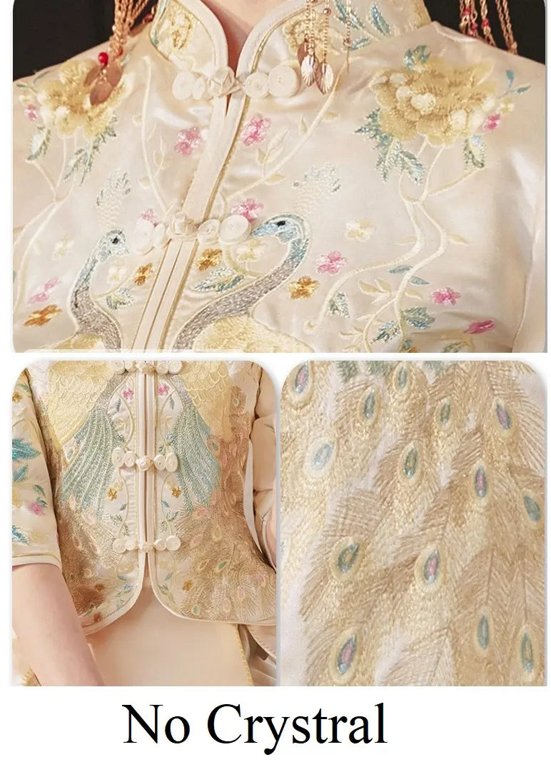 Chinese Wedding Off White Qun Kwa Dress with Peacock for bride and dragon tang suit for groom