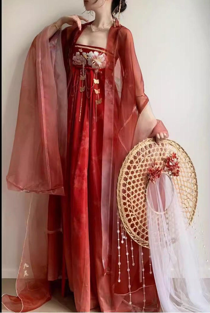 Red Floral Chinese Tang Dynasty HanFu Dress