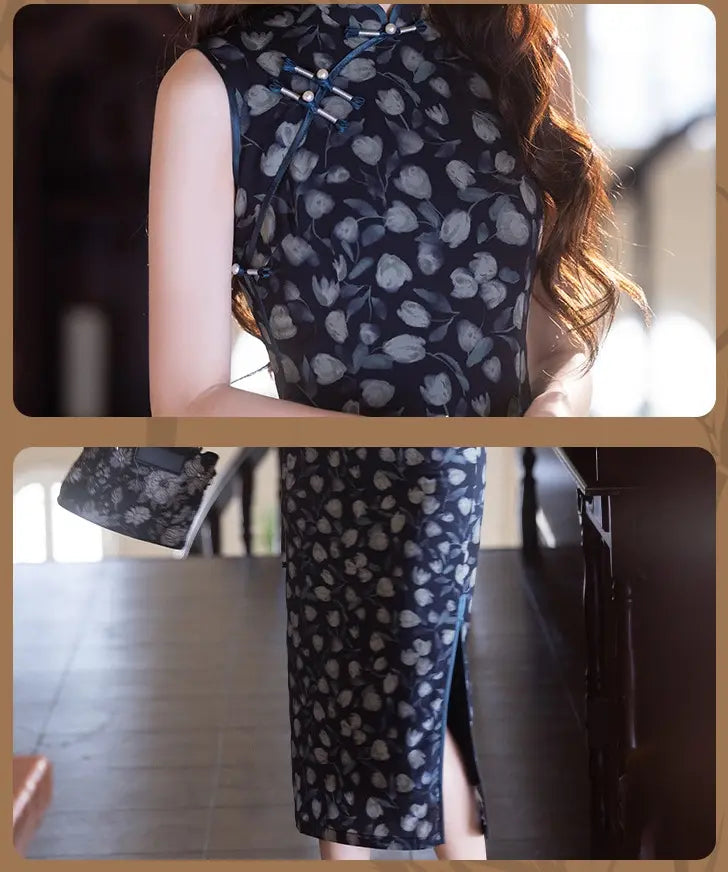 Sleeveless Navy Blue Foral Print Qipao