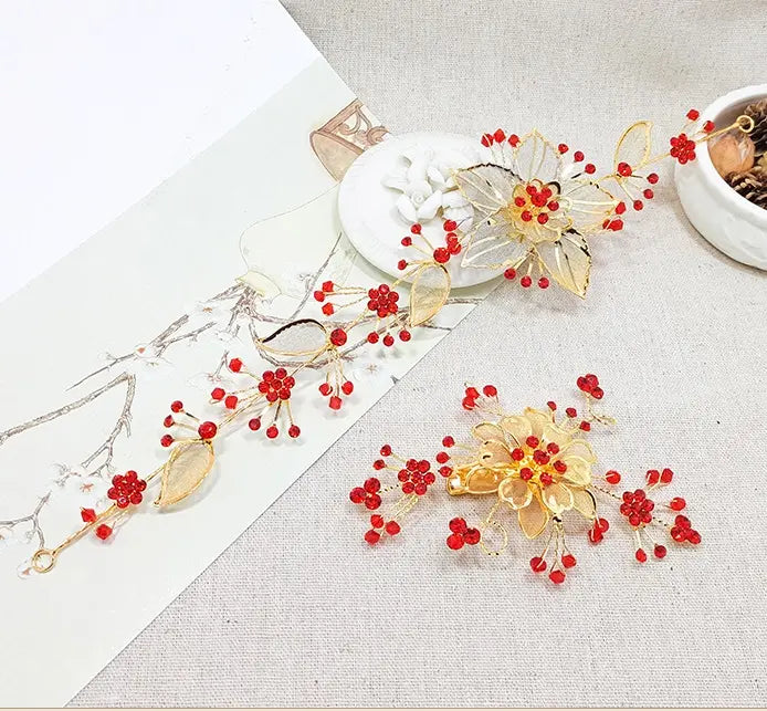 Red & Golden Oriental  bridal Hairpiece for chinese wedding tea ceremony