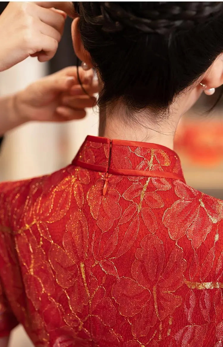 Red Lace wedding Cheongsam Qipao Dress with Golden shimmer