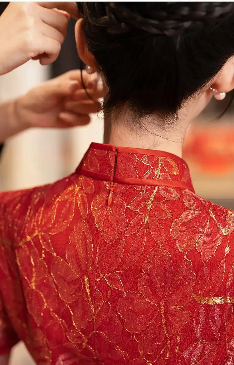 Red Lace wedding Cheongsam Qipao Dress with Golden shimmer