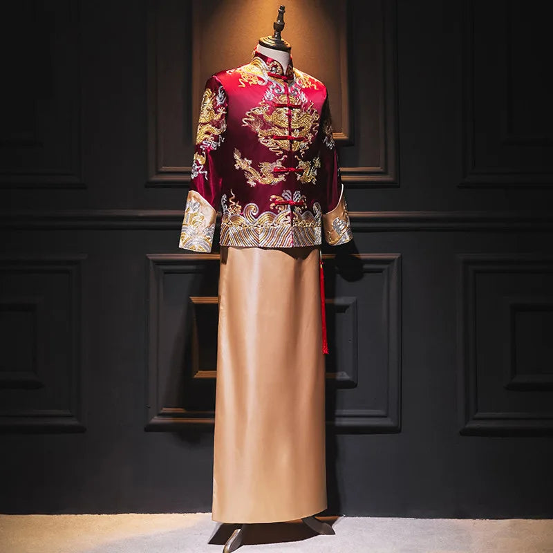 Traditional Chinese Burgundy Gold  Groom Dragon Tang Suit (Ma Gua)