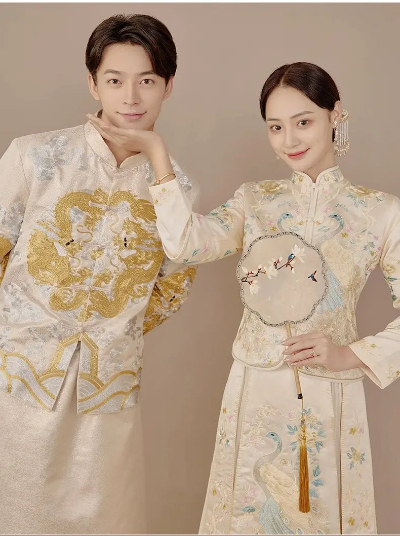 Chinese Wedding Off White Qun Kwa Dress with Peacock for bride and dragon tang suit for groom