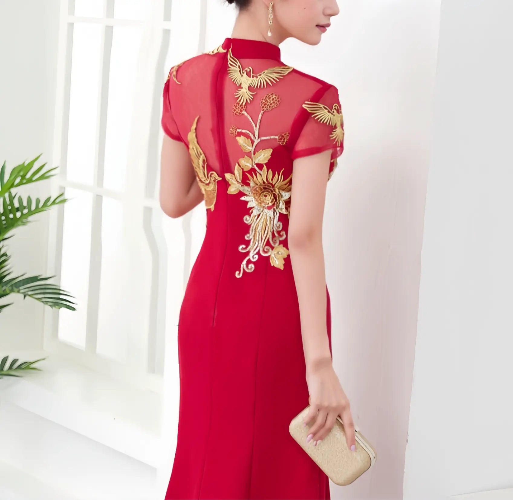 Red chinese wedding mermaid cheongsam Dress with Golden Bird  and Flowers
