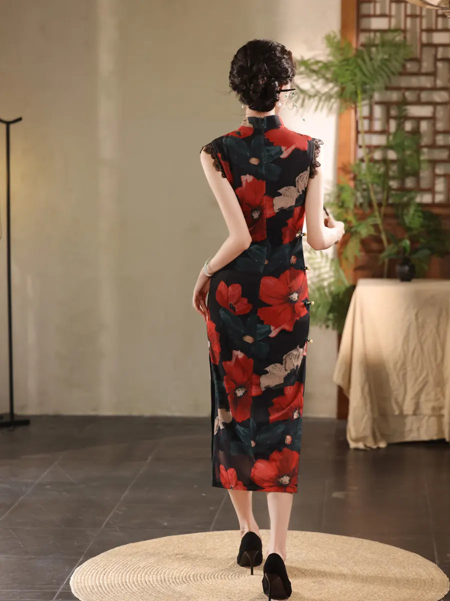 Woman wearing a Red Black Floral Cheongsam Qipao Dress in a room with plants and a table.