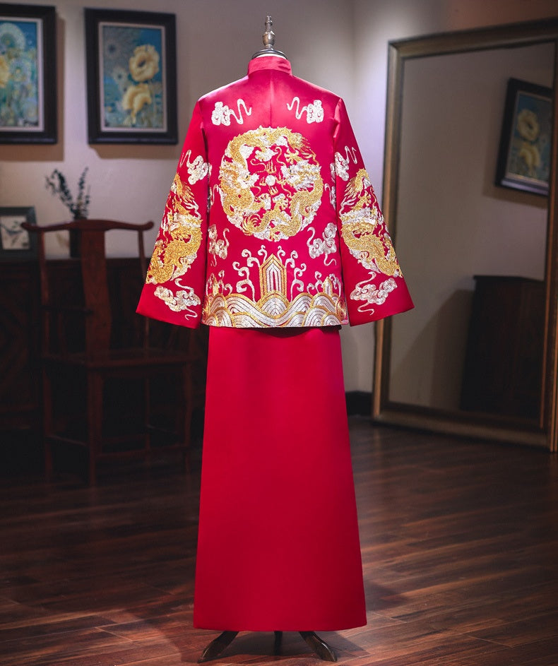 Red Chinese Wedding Groom Jacket with Dragon Embroidery - Traditional Ma Gua