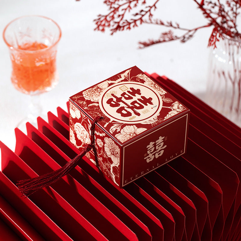 Red floral double happiness weddding favor box
