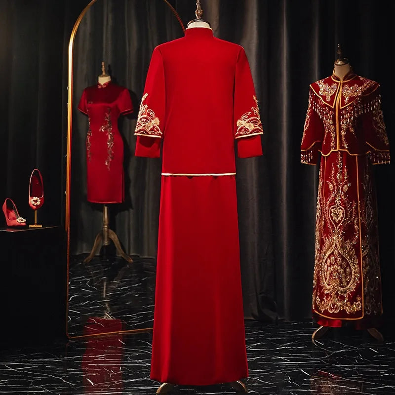 Traditional Chinese Groom Velvet Dragons Wedding Ma Gua Tang Suit