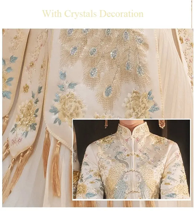 Chinese Wedding Off White Qun Kwa Dress with Peacock for bride and dragon tang suit for groom