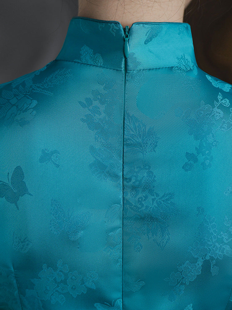 Sleeveless Teal Blue Qipao Dress with Pearl Buttons
