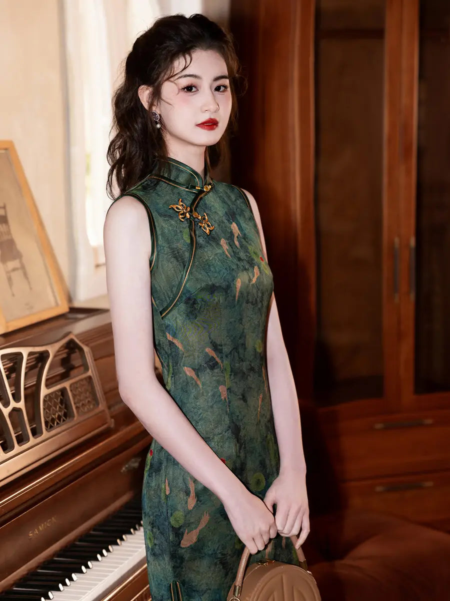 Dark Green Koi Pond Sleevess Cheongsam dress