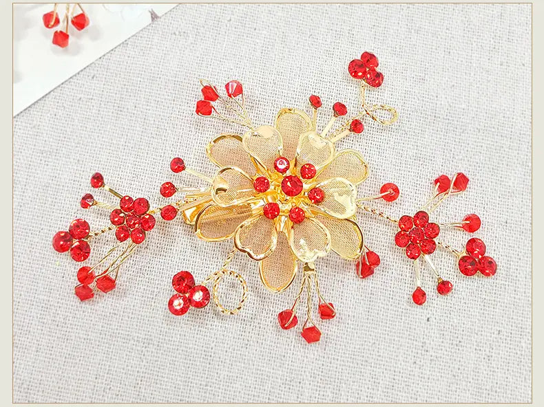 Red & Golden Oriental  bridal Hairpiece for chinese wedding tea ceremony
