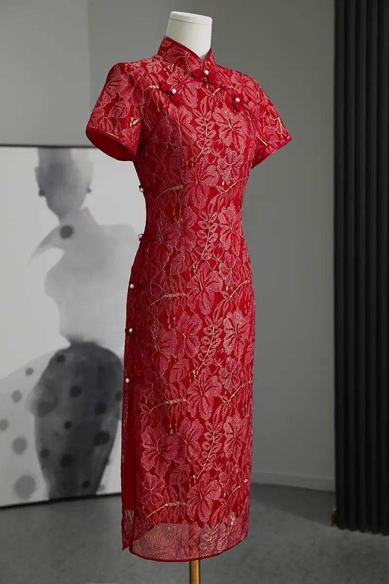 Red Lace wedding Cheongsam Qipao Dress with Golden shimmer