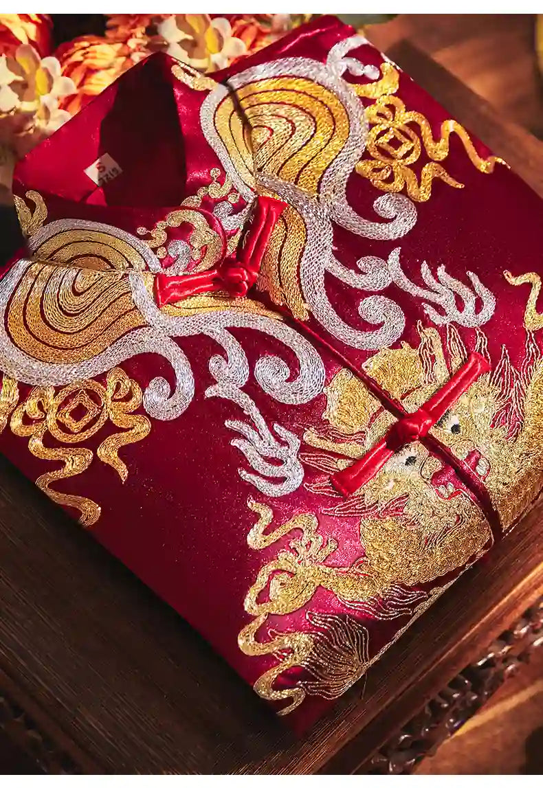 Traditional Chinese Burgundy Gold  Groom Dragon wedding Tang Suit (Ma Gua)