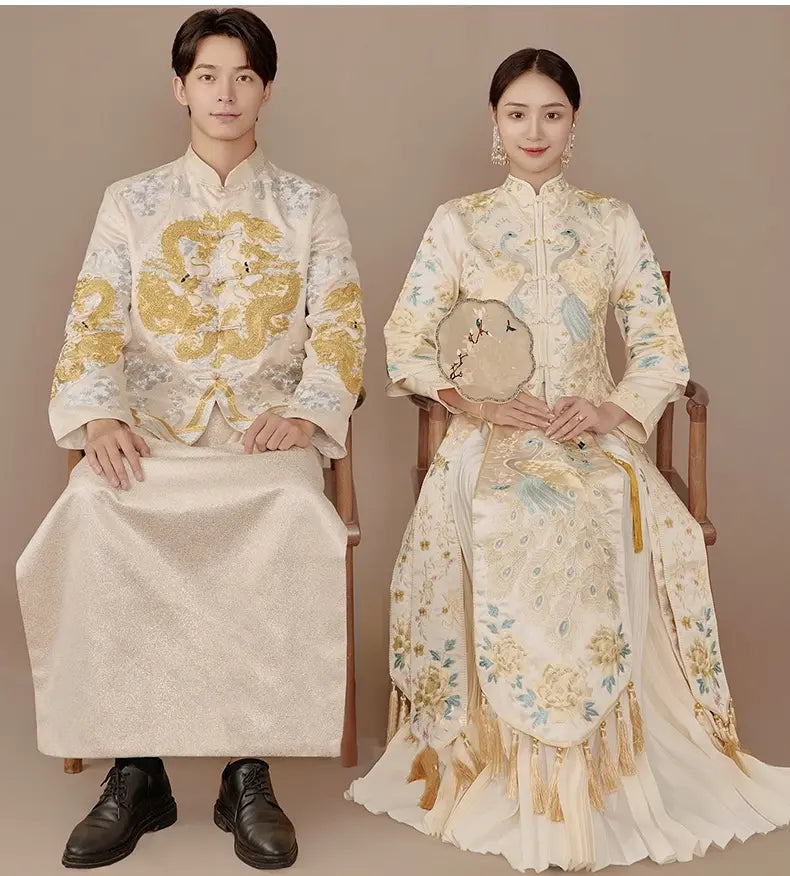 Chinese Wedding Off White Qun Kwa Dress with Peacock for bride and dragon tang suit for groom