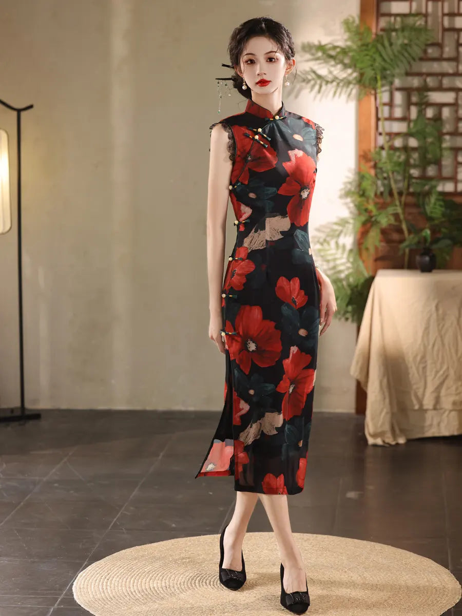 Woman wearing a Red Black Floral Cheongsam Qipao Dress  in a room with plants and a lamp.