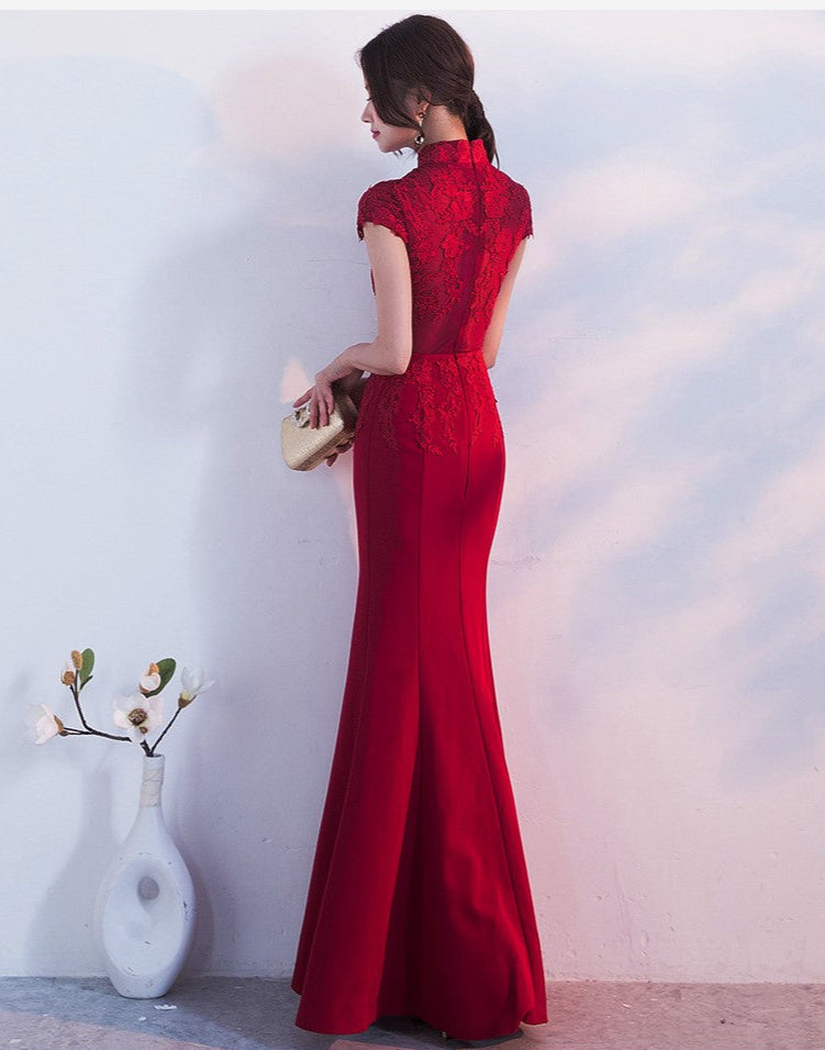 Red chinese bridal floor length mermaid qipao cheongsam back