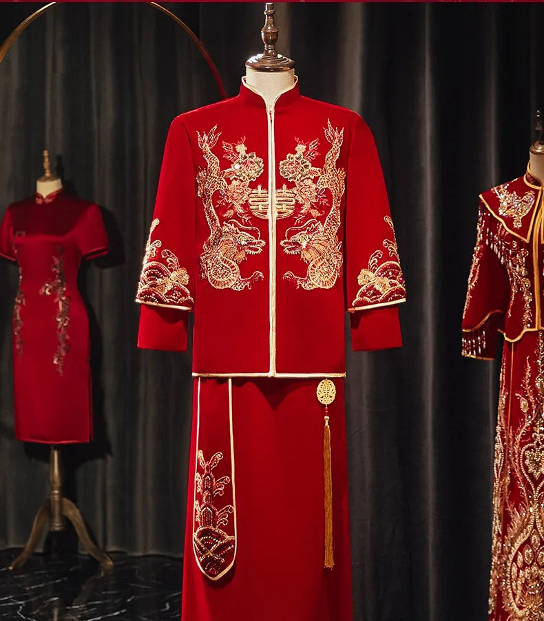 Traditional Chinese Groom Velvet Dragons Wedding Ma Gua Tang Suit
