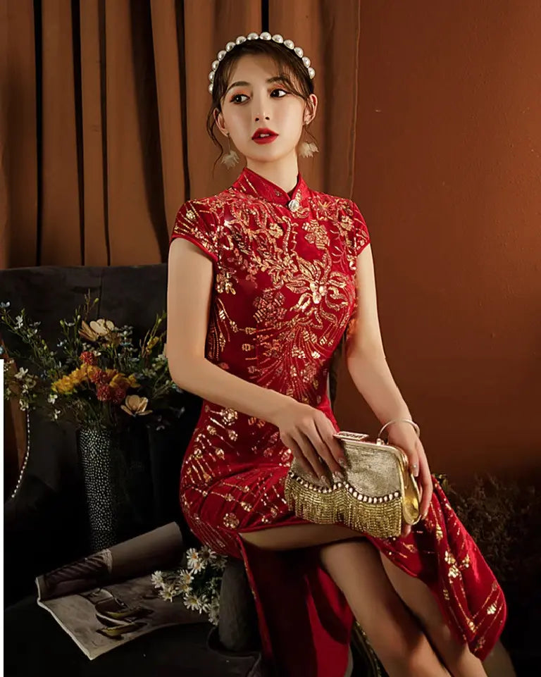 Red velvet short sleeves  Cheongsam Qipao dress with Sequins