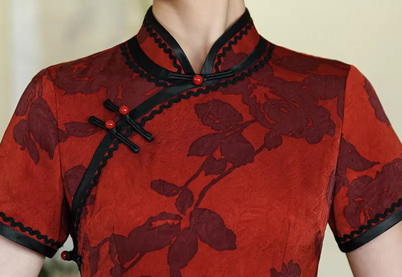 Deep Red Floral Qipao Cheongsam Dress with Black Trim