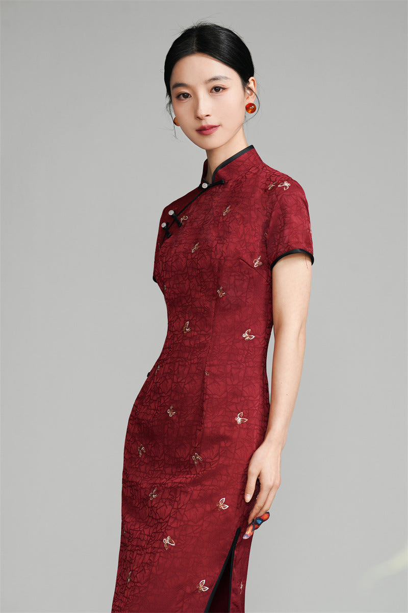 Burgundy Red Short Sleeves Floral Jacquard Qipao Dress