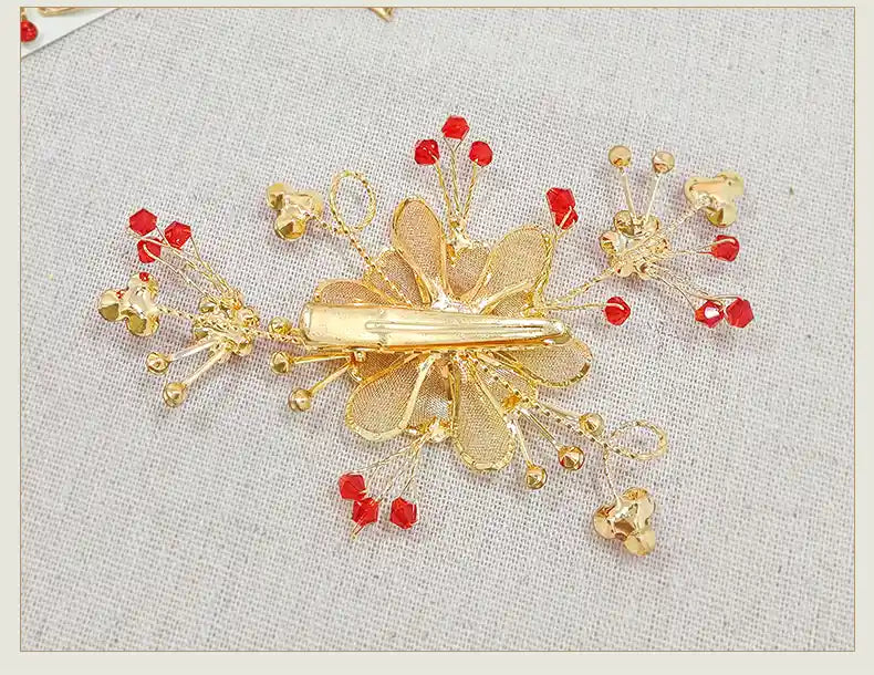 Red & Golden Oriental  bridal Hairpiece for chinese wedding tea ceremony