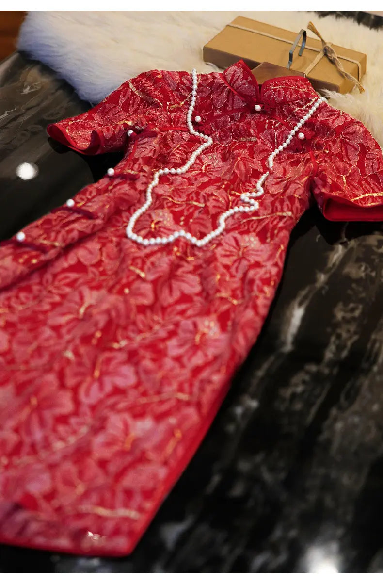 Red Lace wedding Cheongsam Qipao Dress with Golden shimmer
