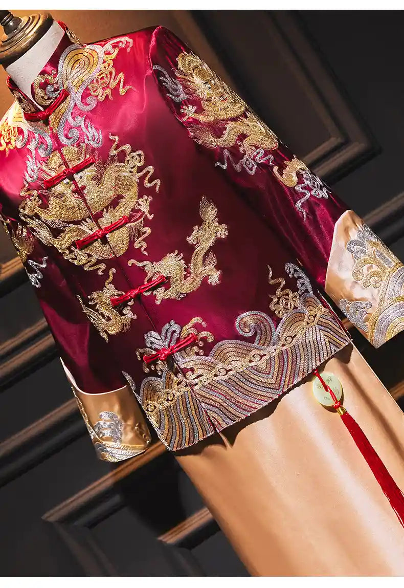 Traditional Chinese Burgundy Gold  Groom Dragon wedding Tang Suit (Ma Gua)