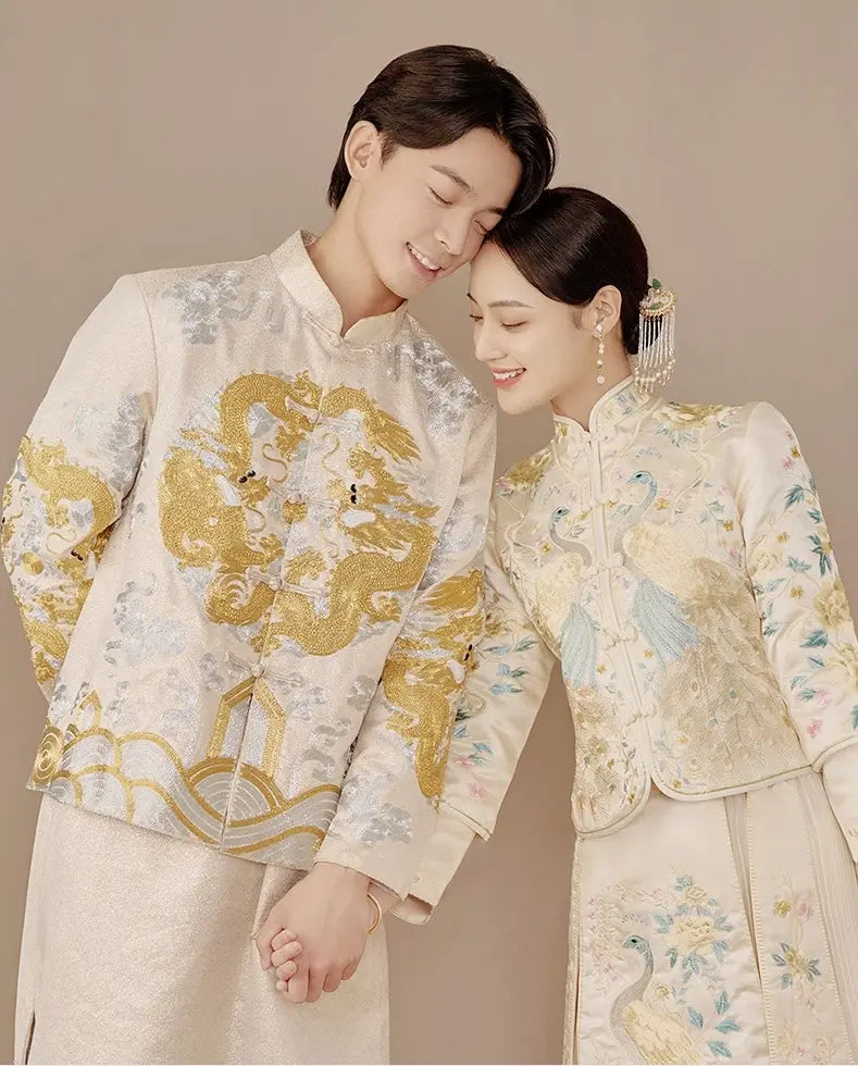 Chinese Wedding Off White Qun Kwa Dress with Peacock for bride and dragon tang suit for groom