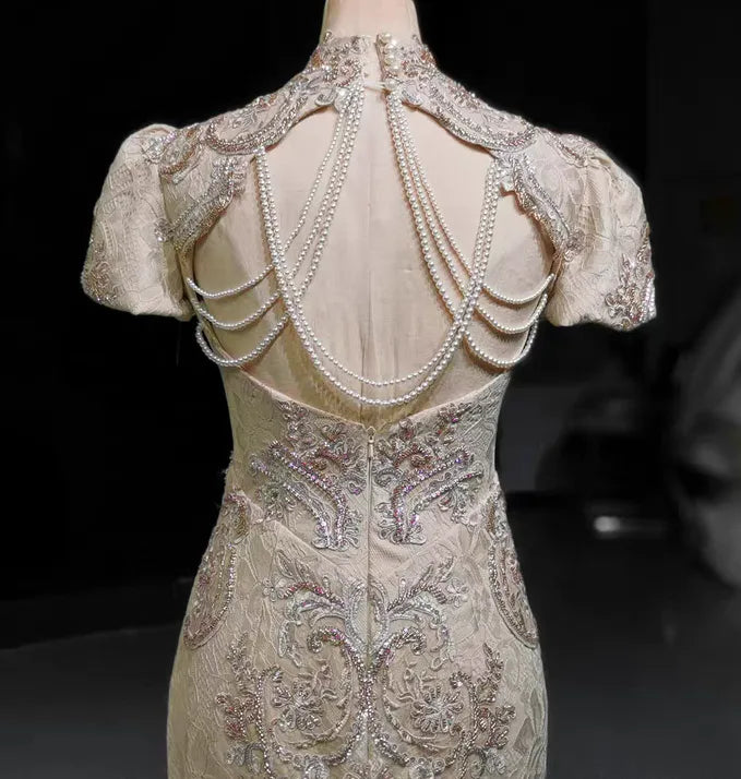 Ivory White Open Back Floral Lace Wedding Cheongsam Qipao Dress with Train