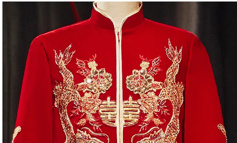 Traditional Chinese Groom Velvet Dragons Wedding Ma Gua Tang Suit