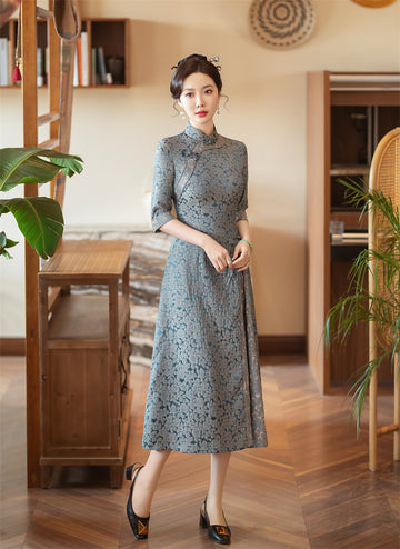 Blue Jacquard Floral A-Line Qipao Cheongsam Dress