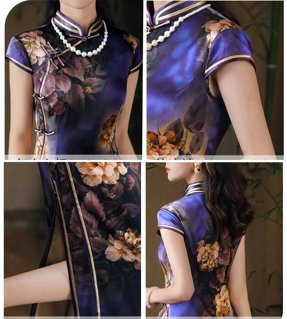 Vintage-Inspired Purple Silk Qipao with Floral Print