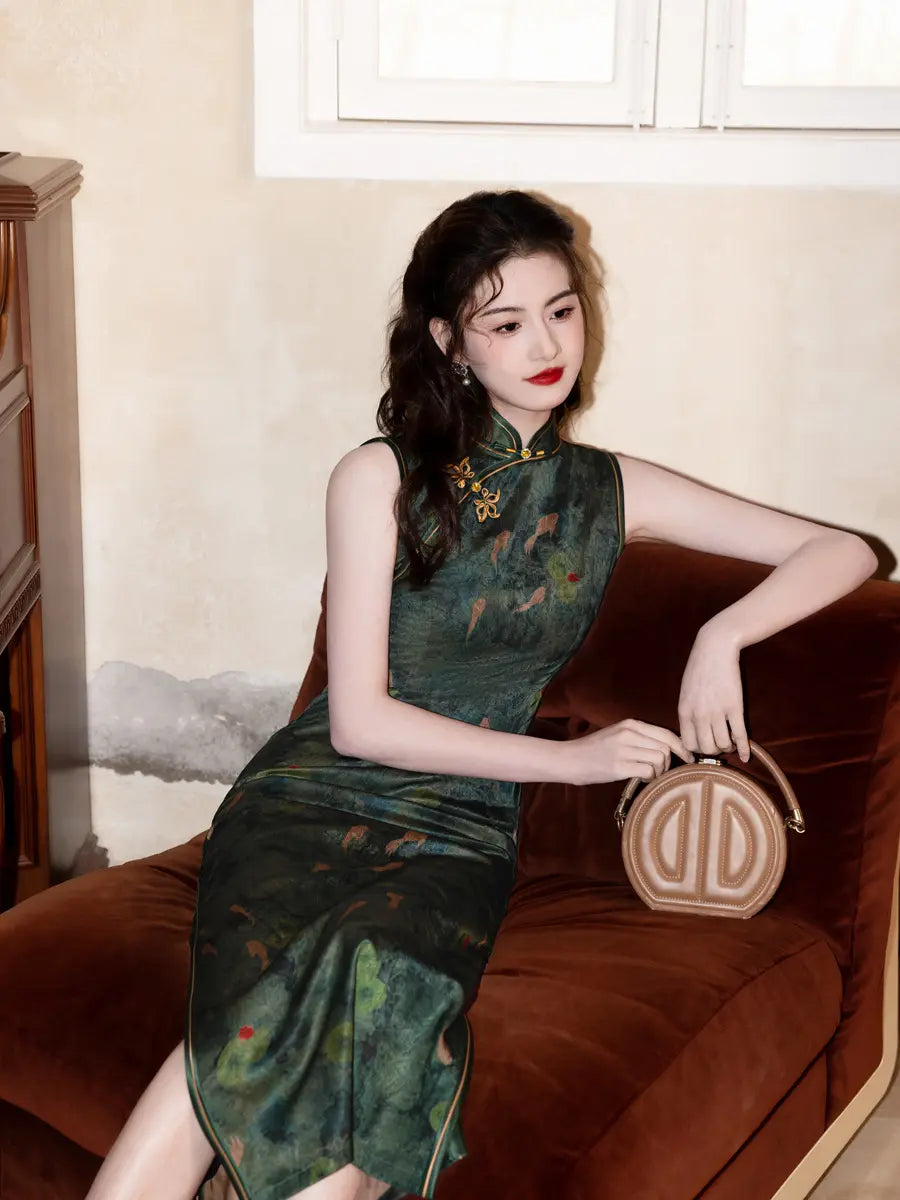 Dark Green Koi Pond Sleevess Qipao Dress