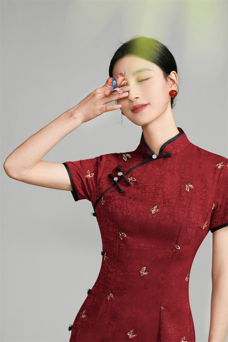 Burgundy Red Short Sleeves Floral Jacquard Qipao Dress