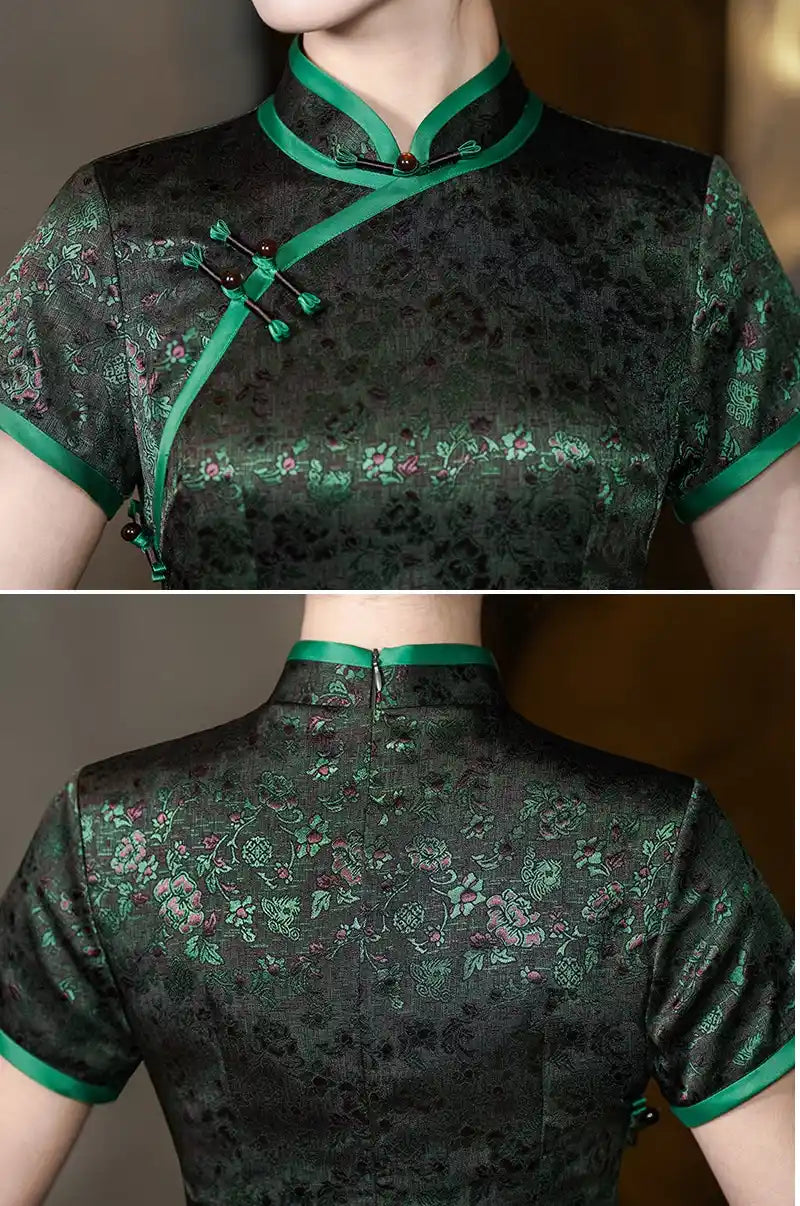 Schwarz-grünes Qipao-Kleid aus Brokat-Jacquard