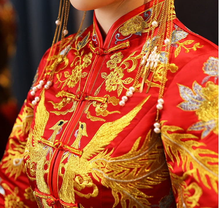 Chinese Wedding Bridal Qun Kwa Dress| Phoenix & Peony - Oriental Me