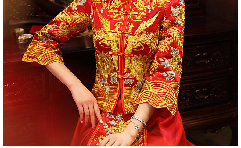 Chinese Wedding Bridal Qun Kwa Dress| Phoenix & Peony - Oriental Me