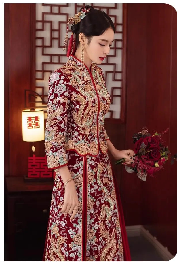 Traditional Chinese Wedding Dragon Phoenix Qun Kwa dress for bride