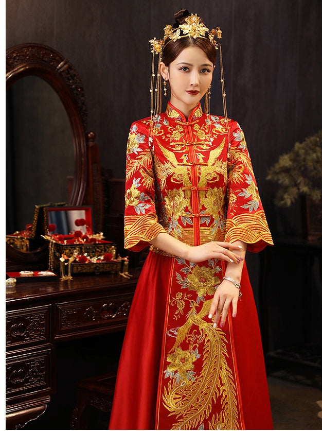 Chinese Wedding Bridal Qun Kwa Dress| Phoenix & Peony - Oriental Me