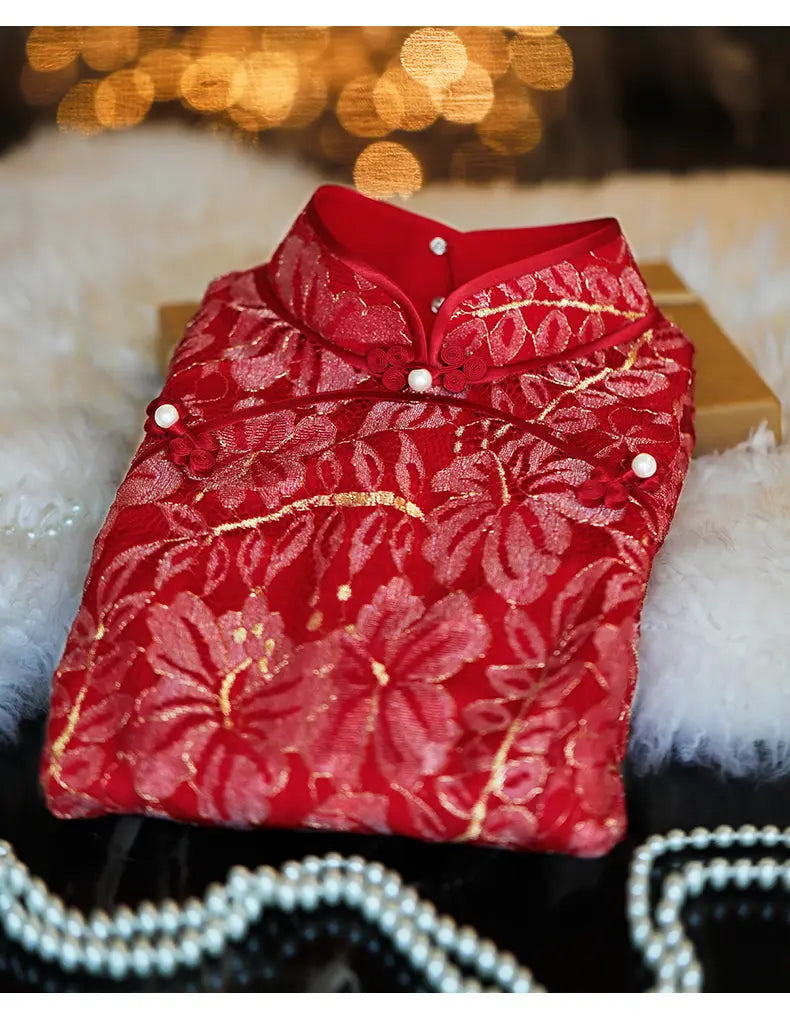 Red Lace wedding Cheongsam Qipao Dress with Golden shimmer