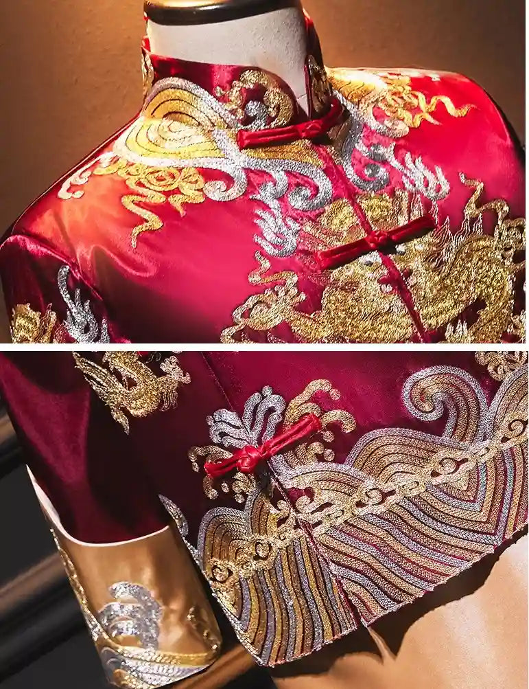 Traditional Chinese Burgundy Gold  Groom Dragon wedding Tang Suit (Ma Gua)