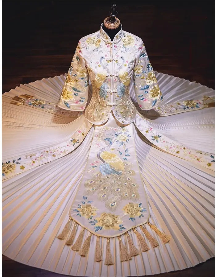 Chinese Wedding Off White Qun Kwa Dress with Peacock for bride and dragon tang suit for groom