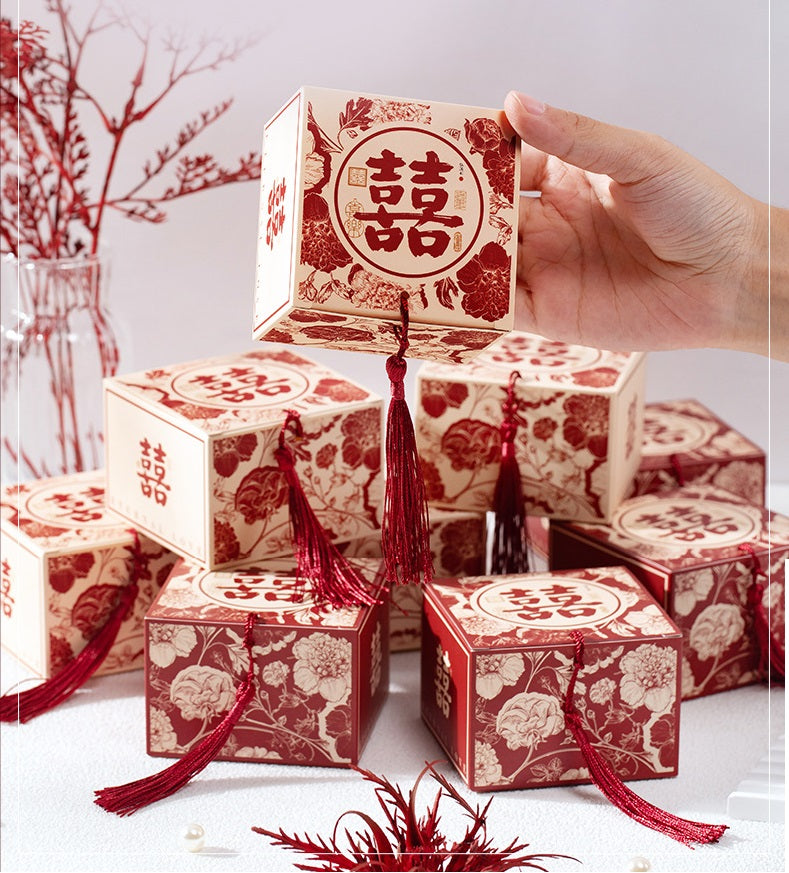 Red floral double happiness weddding favor box